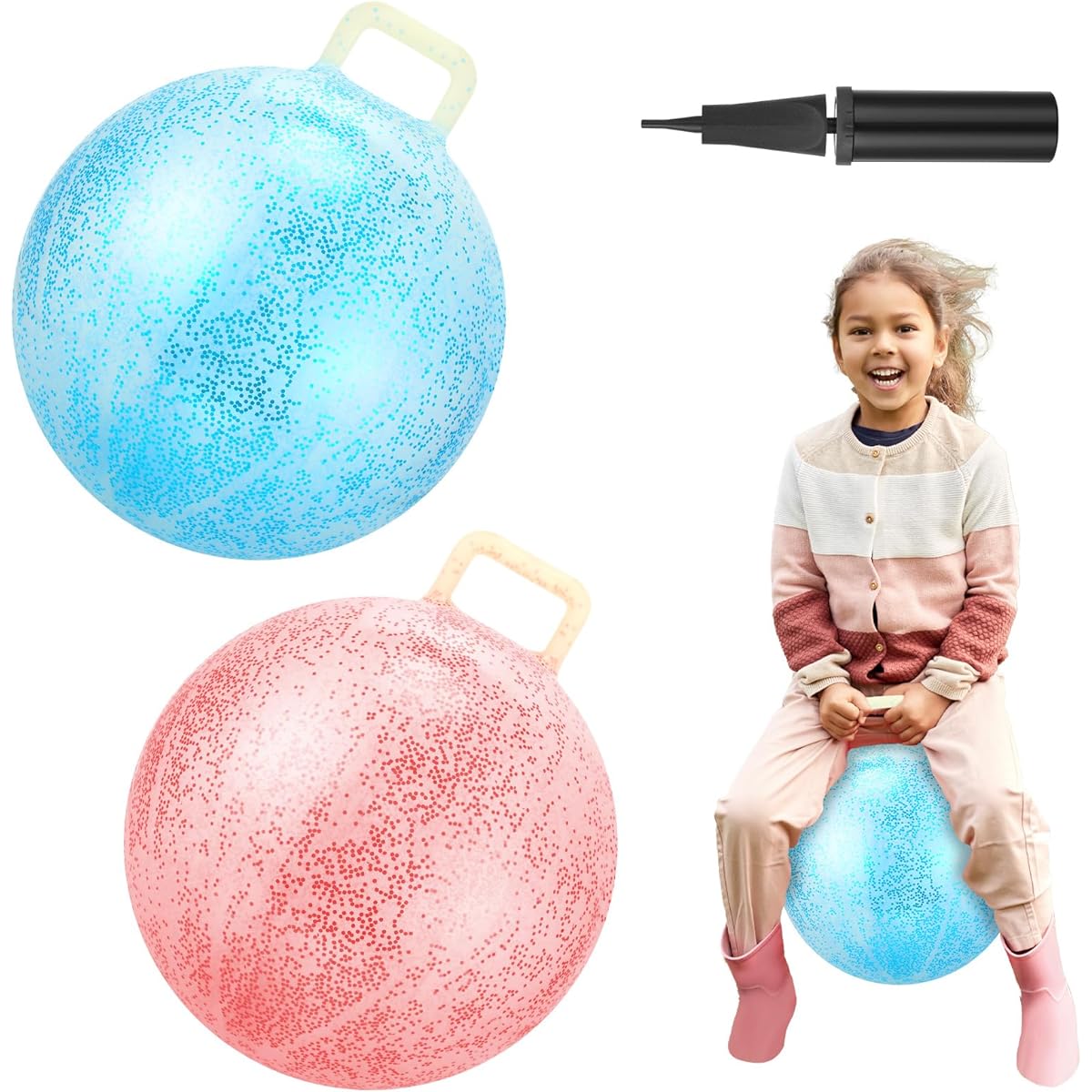 Poen 2 Pieces Hopper Ball 18 Inch Jumping Bouncing Ball with Handle Hippie Hop Ball Sit on Bouncy Ball with Handle Jump Hopping Ball with Air Pump for Boys Girls Exercise Glitter Red Glitter Blue