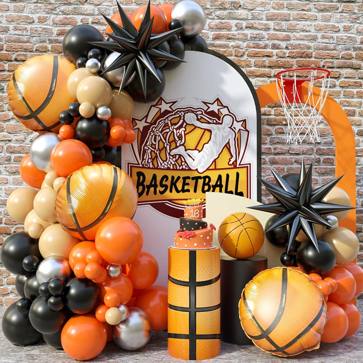Basketball Balloon Arch Garland Kit 100 Pieces Basketball Party Balloons Orange Black Balloon Garland for Boys Birthday Party Sports Party Gender Reveal Graduation with 4D Starburst Balloons