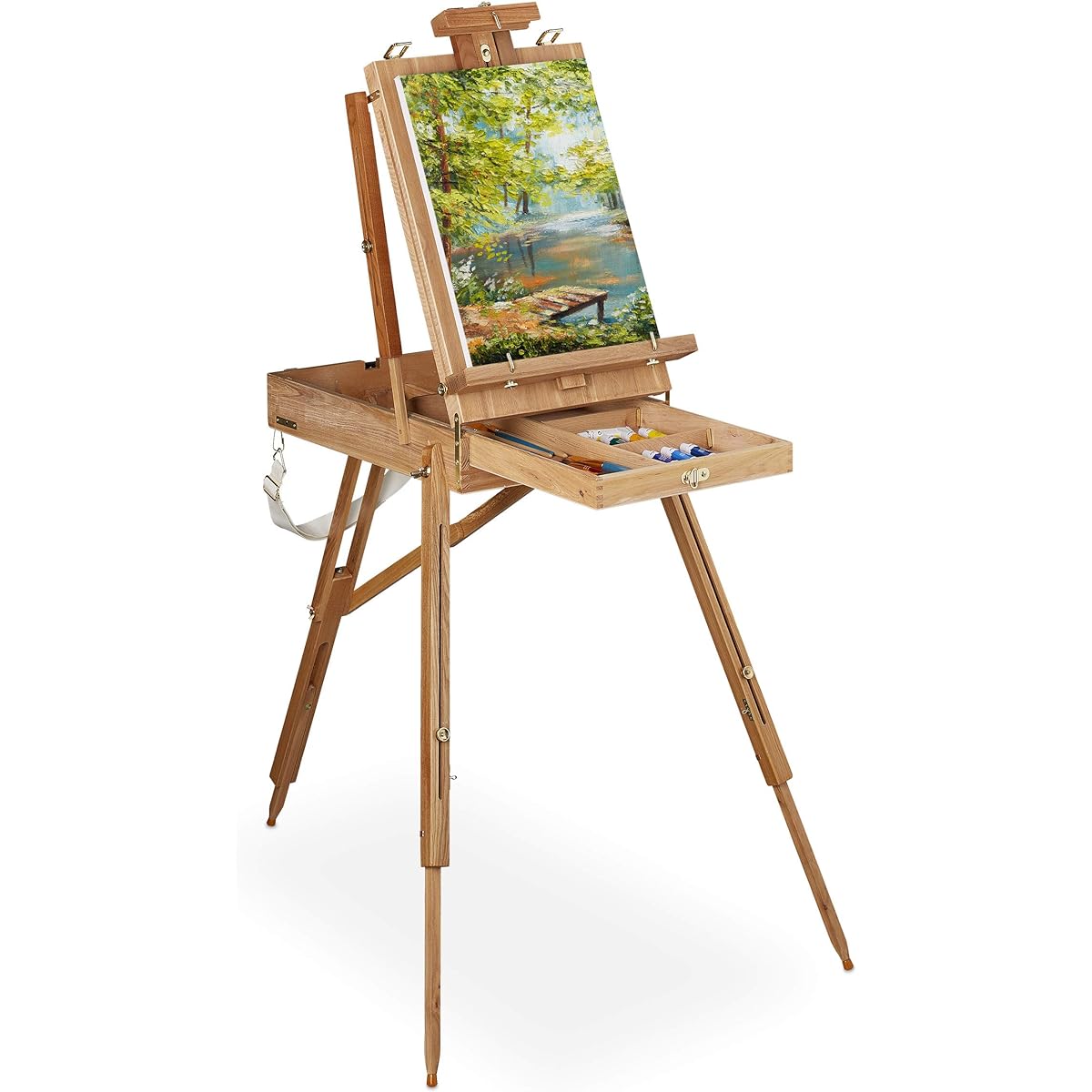 Relaxdays Suitcase Wooden Easel for Adults, Height Adjustable, Portable XL Easel with Drawer, Natural, 1 Piece