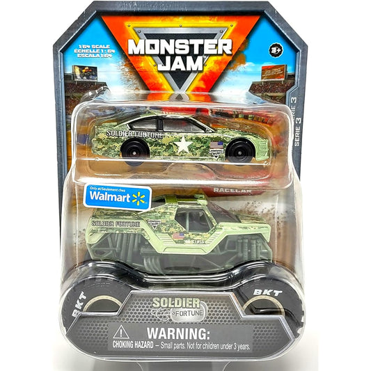 Monster Jam Official 1:64 Scale Diecast 2 Pack Monster Trucks and Race Cars: Son-uva Digger (Soldier Fortune)