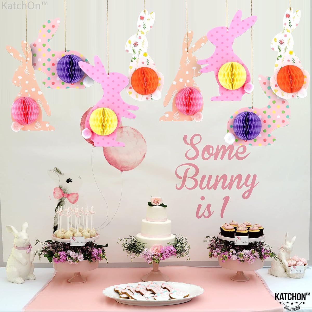 KatchOn Hanging Easter Honeycomb Decorations, 8 Pack Easter Honeycomb Centerpieces, Easter Bunny Decorations, 3D Rabbit Easter Table Decorations, Home Easter Decorations