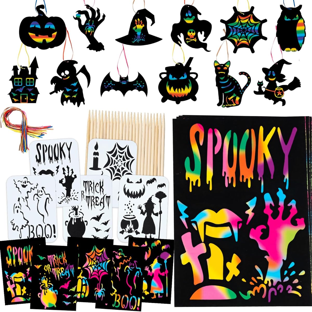OuMuaMua 77 Pieces Halloween Scratch Art for Kids - Rainbow Scratch Paper Arts & Crafts Kit Pumpkin Ghost Zombie Witch Scratch Art Hanging Ornament Halloween Birthday Kids Activity Gift