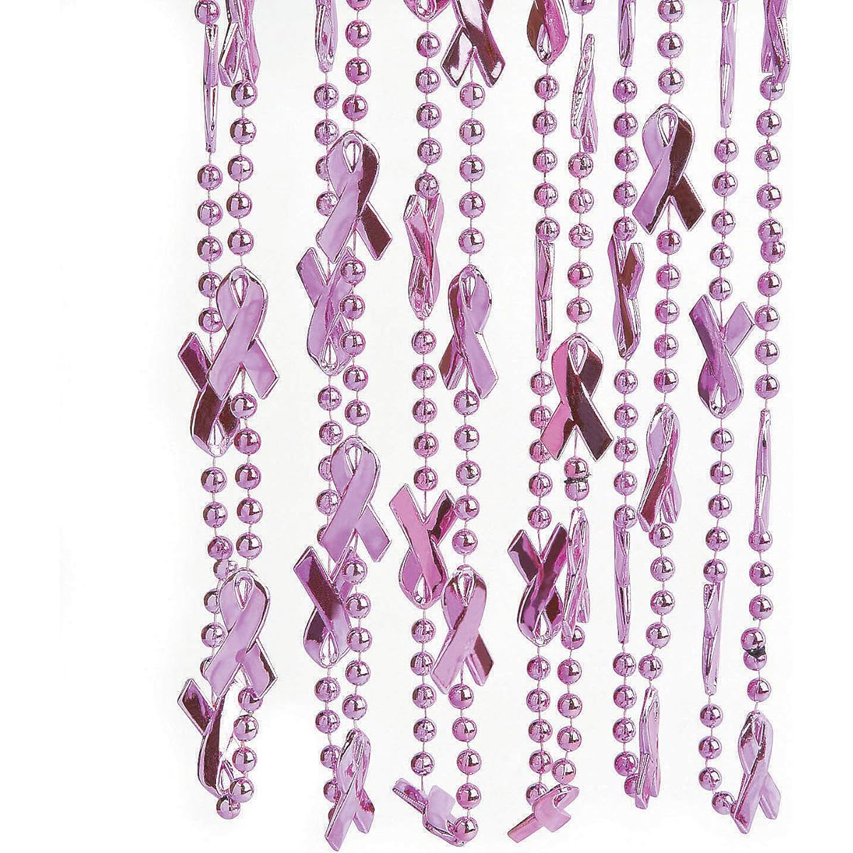 Pink Ribbon Breast Cancer Awareness Beaded Necklace (24 Pack) Bulk Mardi Gras Beads