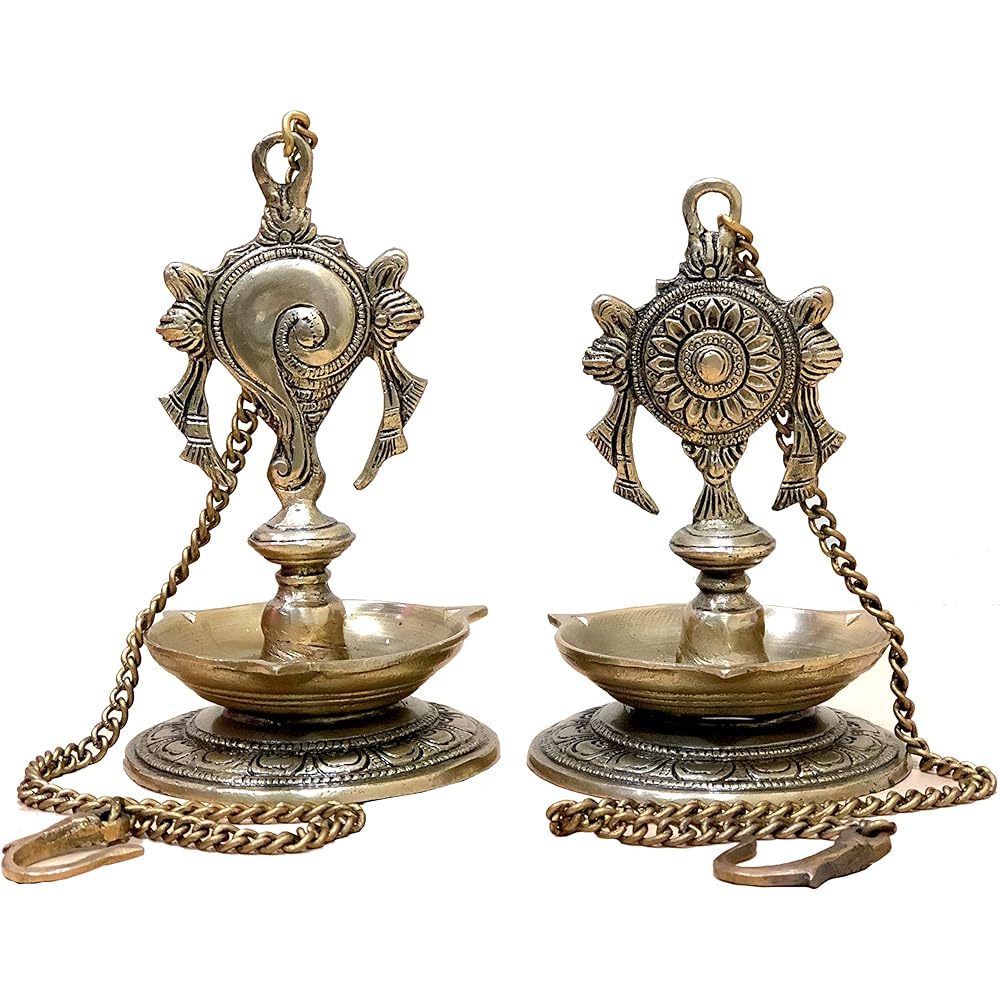 StonKraft Ideal Gift - Pair Of Brass Hanging Diya, Oil Lamp, Lamp For Home and Office (Hanging Length 70cm)