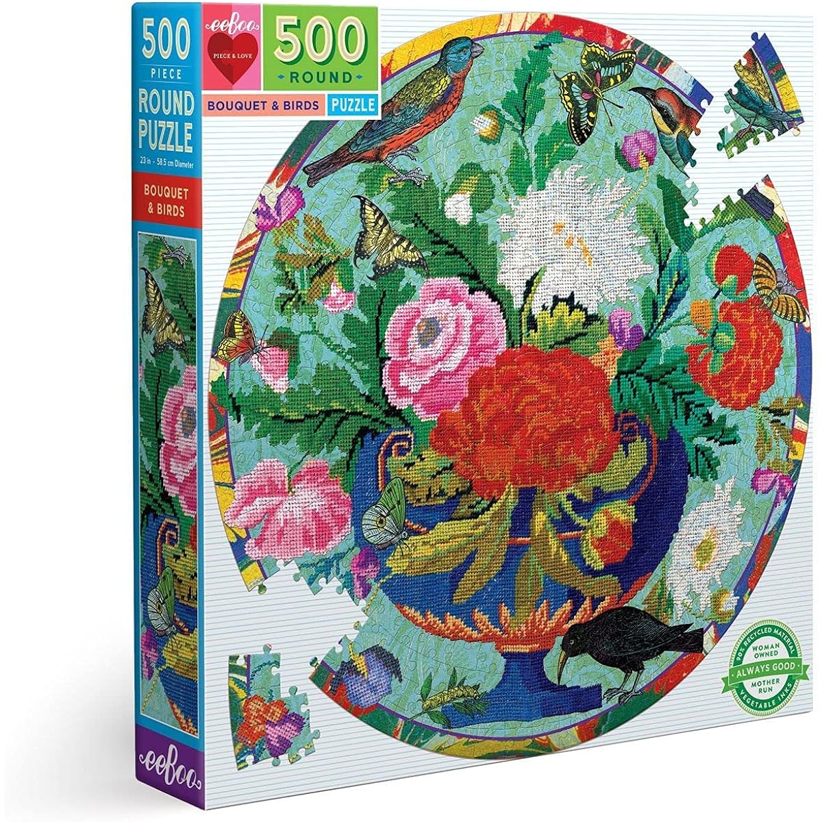 eeBoo: Peace & Love Bouquet & Bird 500 Piece Adult Round Jigsaw Puzzle for Adults and Families with Glossy and Durable Pieces
