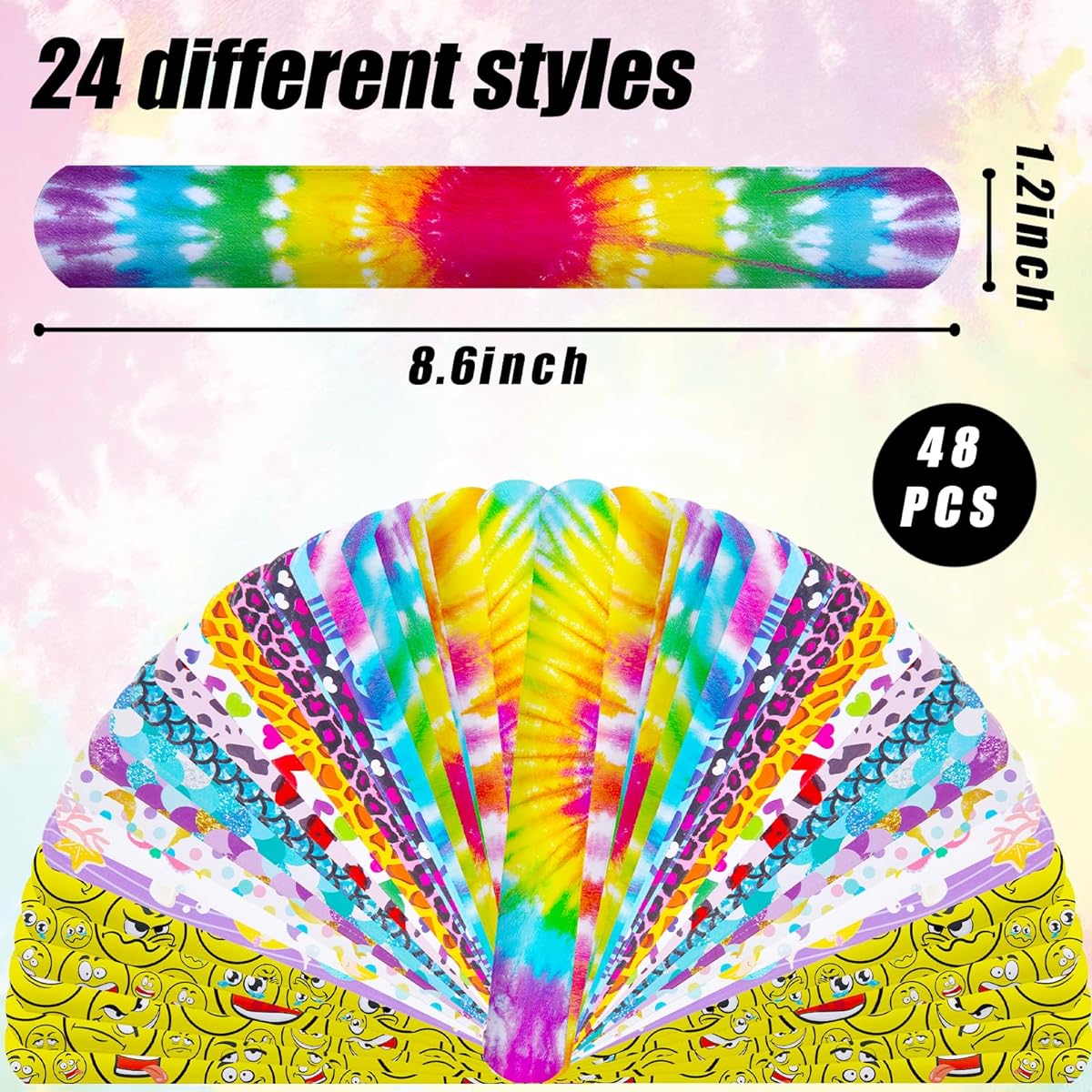AMOR PRESENT Slap Bracelets Bulk 48 pcs Snap Bracelets for Kids Tie Dye Wristbands Mermaid Sports Party Favors Carnival Giveaways Goodie Bags Groove Party