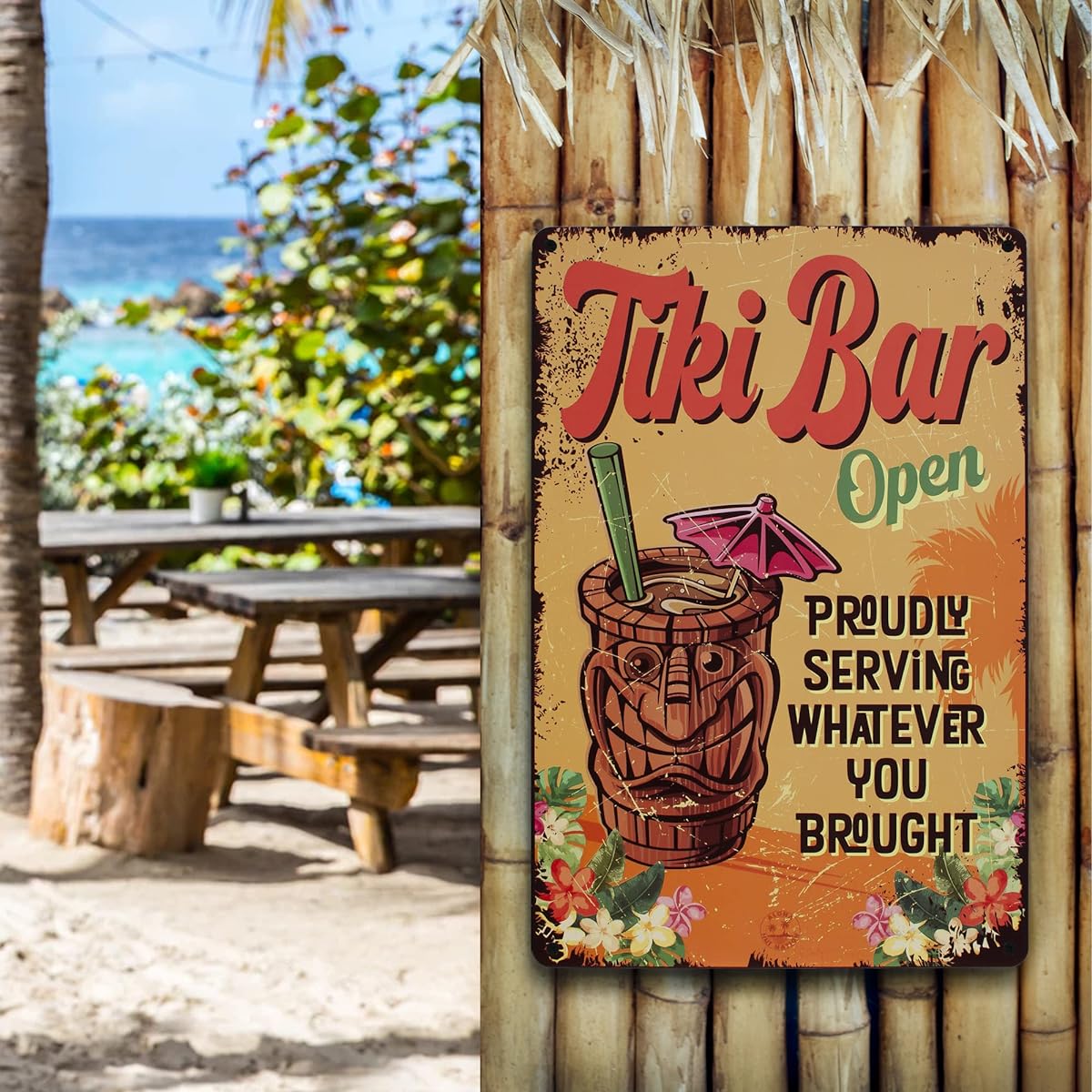 Aloha Nui Tiki Bar Signs Set of 2 Tiki Bar Decorations Outdoor Tiki Bar Open & Tiki Hut Come Chill 8x12 Inch with 8 Screws Tiki Decor Luau Party Decorations