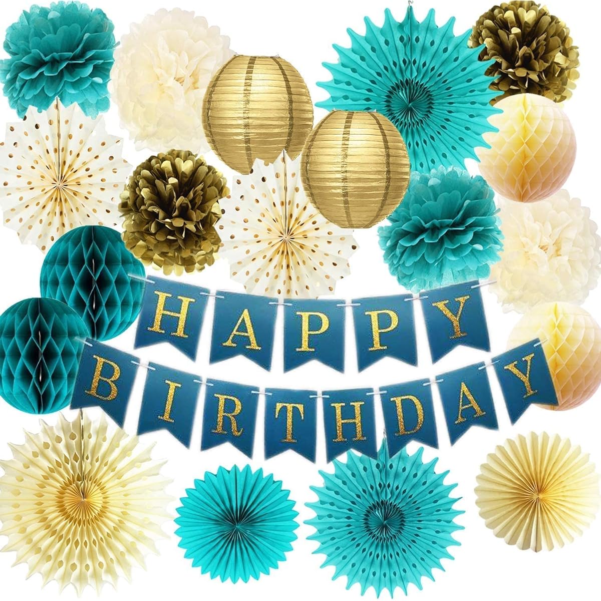 Birthday Decorations for Women Teal Gold/Gold Polka Dot Paper Fans Teal Gold Happy Birthday Banner Turquoise Gold Women 30th/40th/50th/60th/80th Birthday Party Decorations