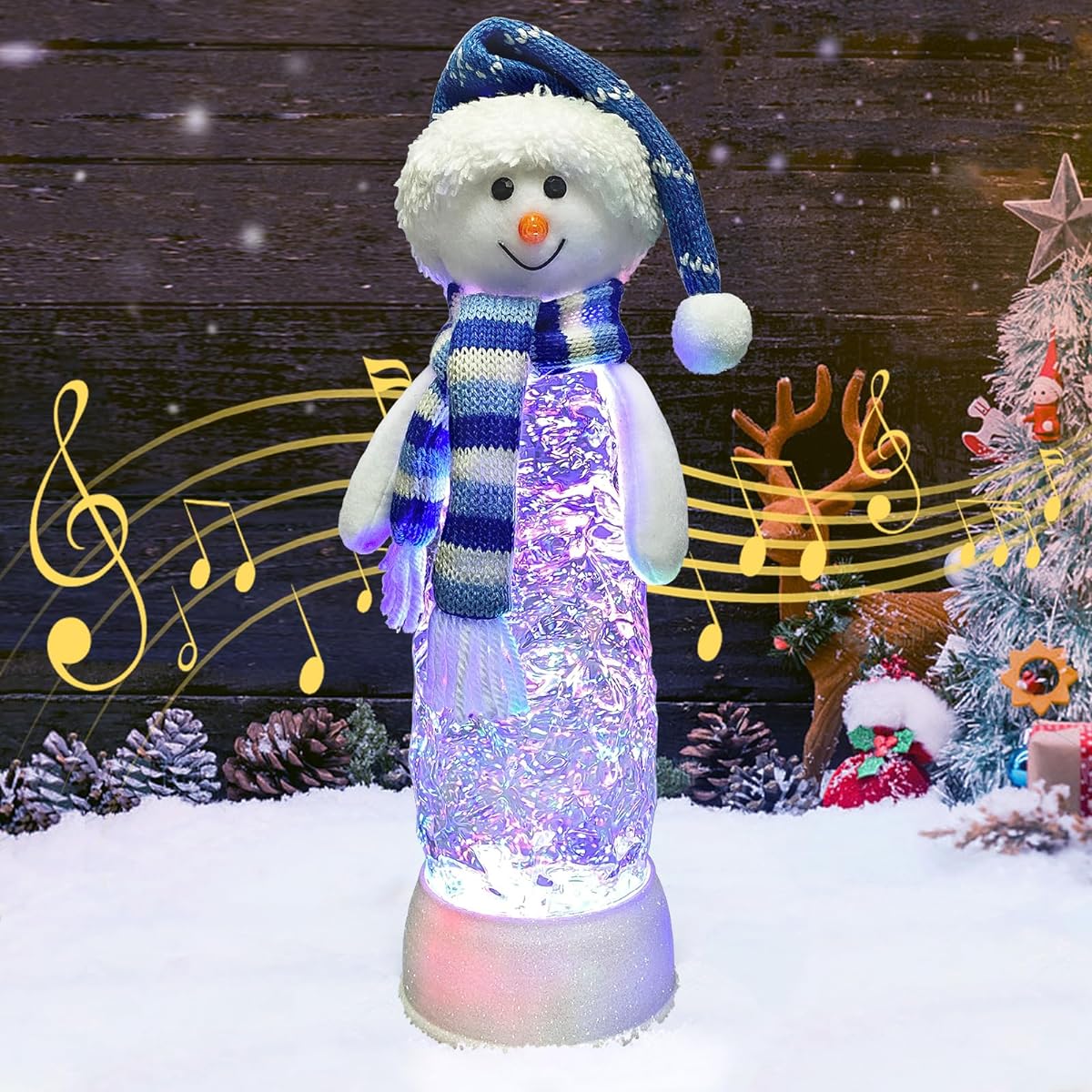 Musical Snowman with Knitted Blue and White Striped Scarf Water Light Lantern 6 Hour Timer USB Battery Powered Snow Globe Home Christmas Decoration