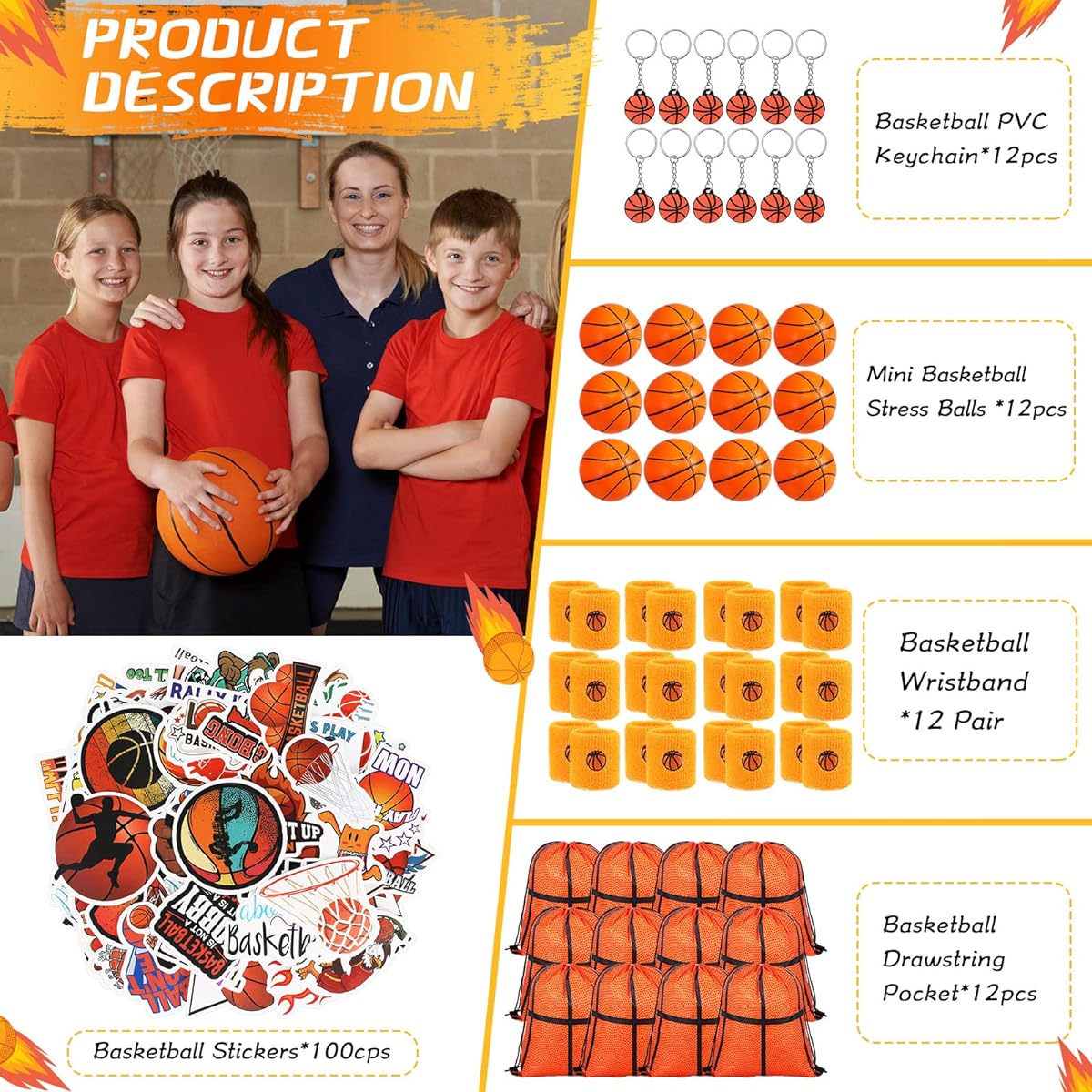 LEIFIDE Basketball Party Favors 148 Pieces with Basketball Gift Bags Drawstring Sports Wristbands Mini Basketball and Basketball Keychain Sports Stickers for Basketball Birthday Decorations