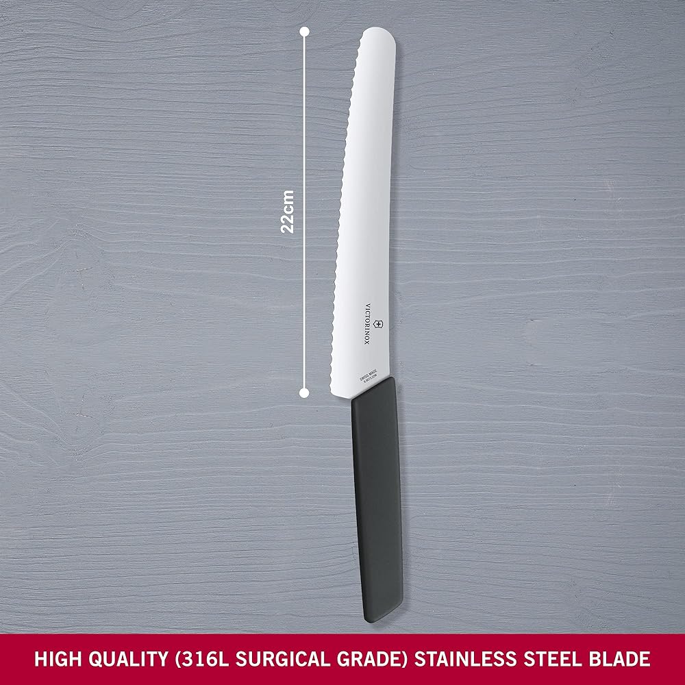 VICTORINOX Bread & Pastry Knife Black 22cm Wave Blade Swiss Modern Bread Knife Bread Cutting Knife 6.9073.22WB