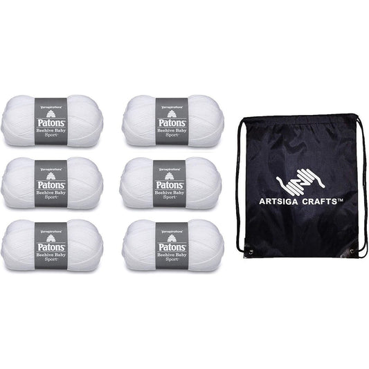 Patons Beehive Baby Sport Solids Angel White 246009-9005 (6-Pack - Same Dye Lot) DK Light Worstead #3 Acrylic, Nylon Yarn for Crocheting and Knitting - Includes 1 Artsiga Crafts Project Bag