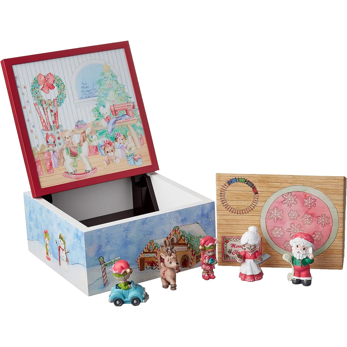 Precious Moments Santa's Workshop 6 Piece Heirloom LED Light Up Resin Wooden Box 191106 Musical One Size Multi