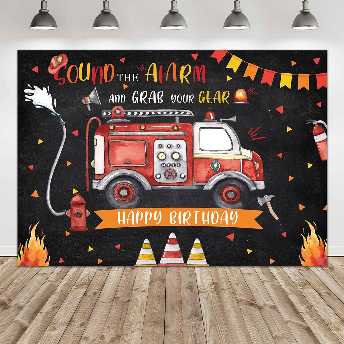 Felortte 5x3ft Polyester Firefighter Happy Birthday Backdrop Fireman Fire Truck Photography Background Boy Kids Birthday Baby Shower Party Decorations Banner Photo Booth Props