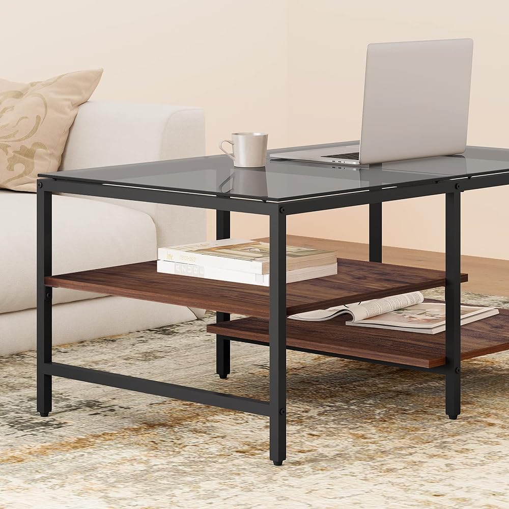 HOMOOI Low Table Center Table Glass Table Two Tier Storage Tempered Glass with Storage Stylish Living Room Single Living Width 100 x Depth 60 x Height 45cm Sapele