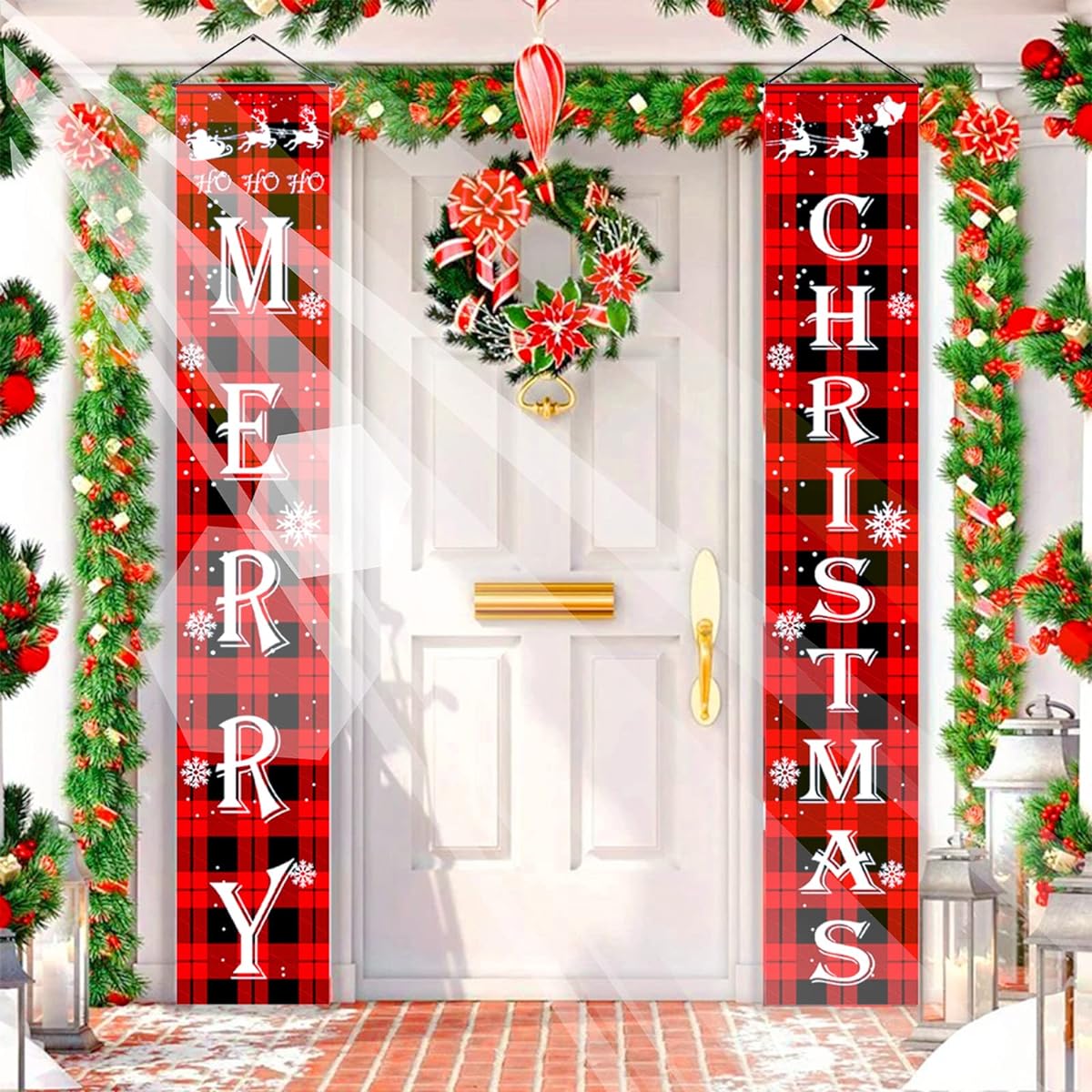 Merry Christmas Banner Christmas Decoration Door Porch Sign Party Decoration Red Buffalo Check