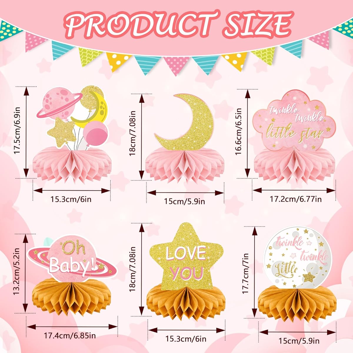 Konsait 9pcs Twinkle Stars Baby Shower Decorations for Girls Pink Stars Party Honeycomb Table Centerpieces Glitter Little Star Table Decorations Baby Shower Birthday Party Supplies