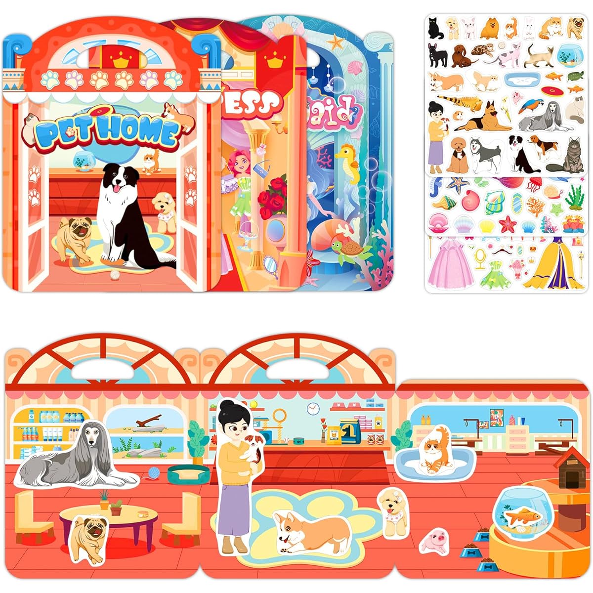 Sticker Book for Kids 2-4 Toddler 1-3 Princess Mermaid Pets Sticker Book Jelly Reusable Stickers Activity for Boys Girls Car Plane Travel Church Holiday Preschool Waterproof Stickers Kids 2 3 4 (Princess+Mermaid+Pets)