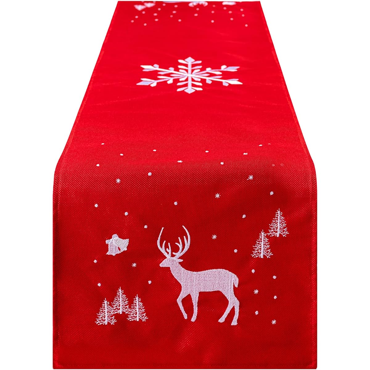 Winlauyet Exquisite Embroidered Christmas Table Runner Decorative Fabric Reindeer Snowflake Jingle Bells Holiday Design Non-Slip Backing Table Cover (140x33cm/55x13inch)