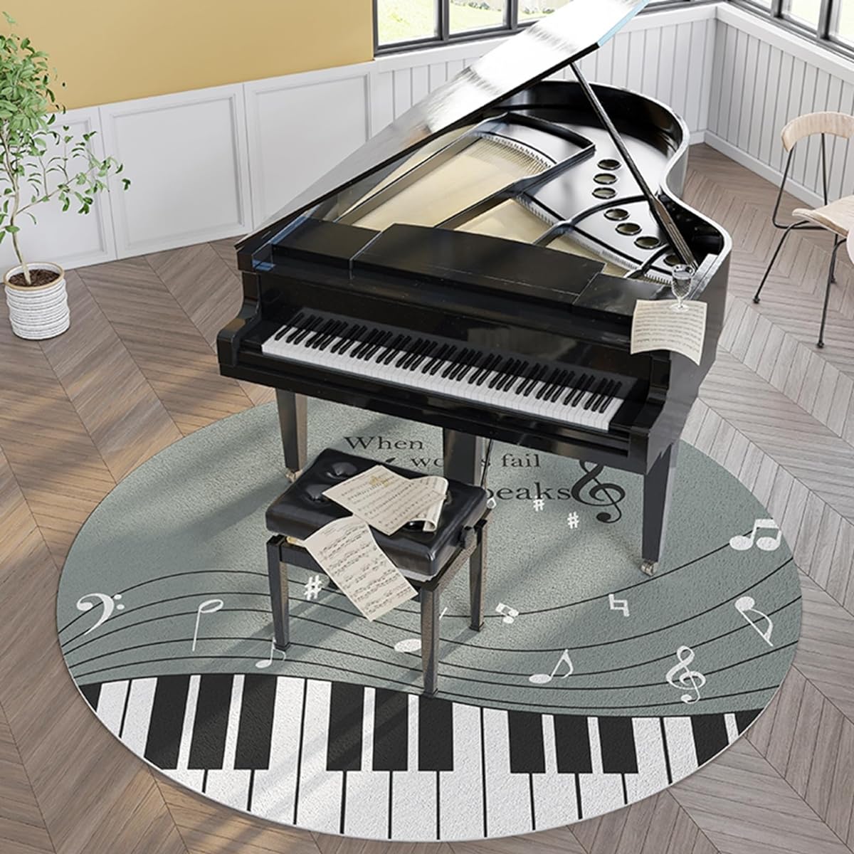Round mat, piano soundproof carpet, piano key pattern, electronic piano dedicated mat, soundproof floor mat, rug, wool, short pile, rug, soft, easy to clean, light, non-slip, anti-shock, soundproofing, mold-proof, hand washable, modern, drum, 200cm
