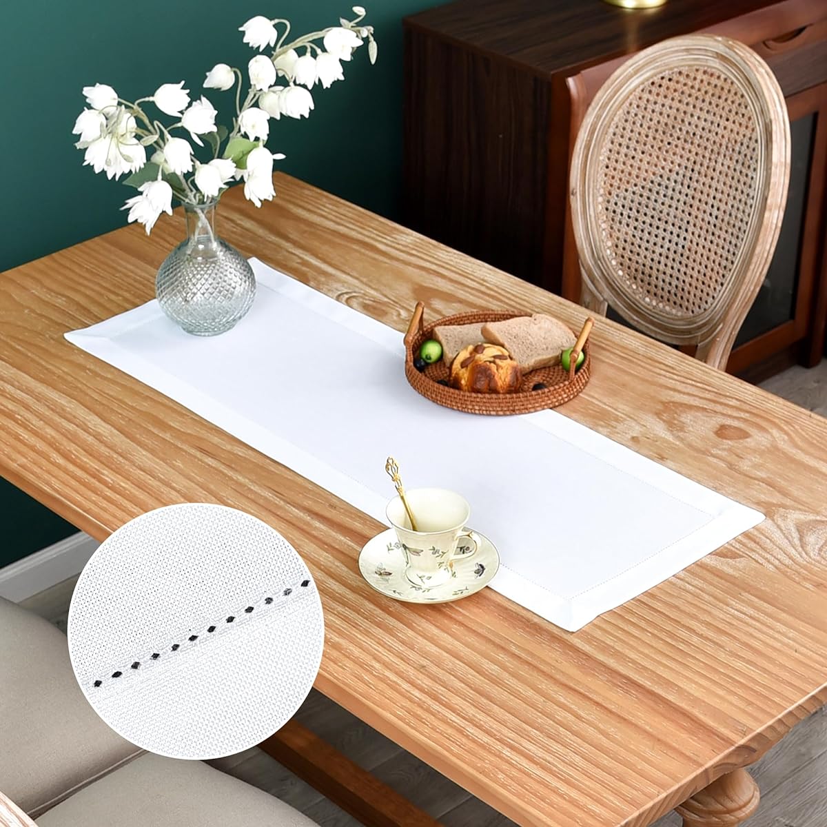 Farmhouse Hemstitch Border Table Runner Faux Linen Rustic Table Runner Plain White Rectangle Table Decoration for Dining/Coffee Table/Home/Kitchen Party 13x36 Inch