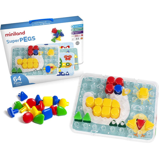 Miniland Education 95080 Super Pegs - Board Plus 6 Card Plus 68 Pegs - Suitcase