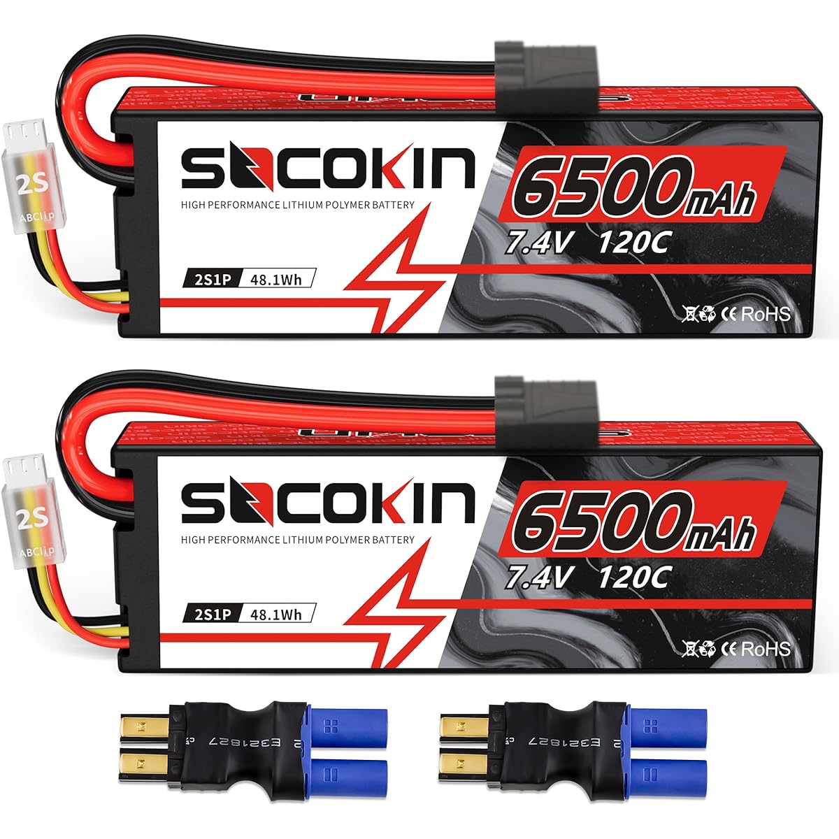 SOCOKIN 2S Lipo Battery 7.4V 6500mAh 120C RC Lipo Battery with Hard Case TR Plug for RC Car RC Truck Airplane Helicopter Boat Car Racing RC Hobby (2 Pack)