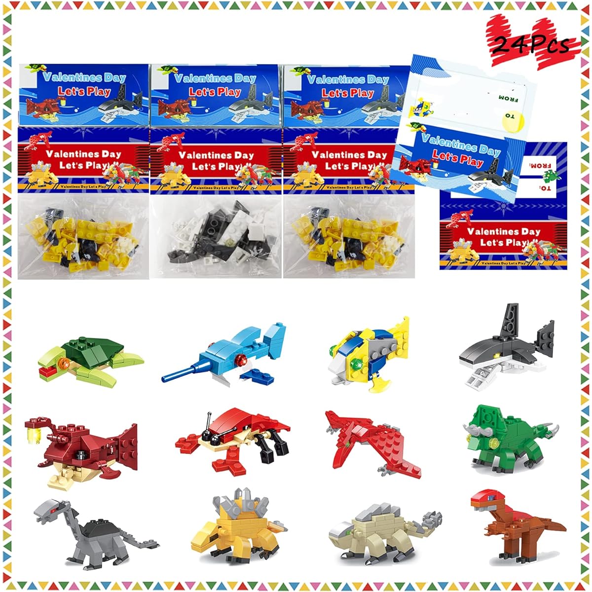 24 Pack Valentine's Day Gifts for Kids Valentine's Day Cards Dinosaur Ocean Animal Building Blocks Valentine's Party Favors Classroom Exchange Gifts Valentine's Greeting Cards Game Giveaways