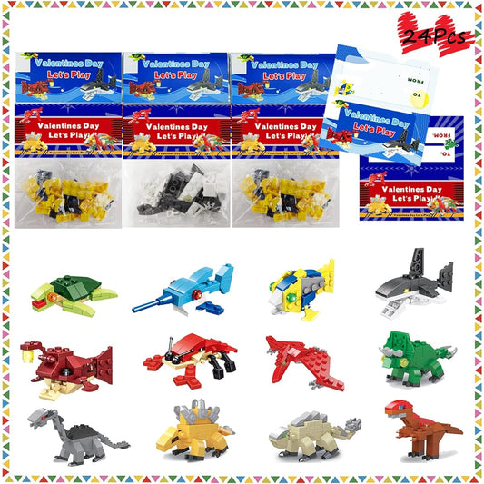 24 Pack Valentine's Day Gifts for Kids Valentine's Day Cards Dinosaur Ocean Animal Building Blocks Valentine's Party Favors Classroom Exchange Gifts Valentine's Greeting Cards Game Giveaways