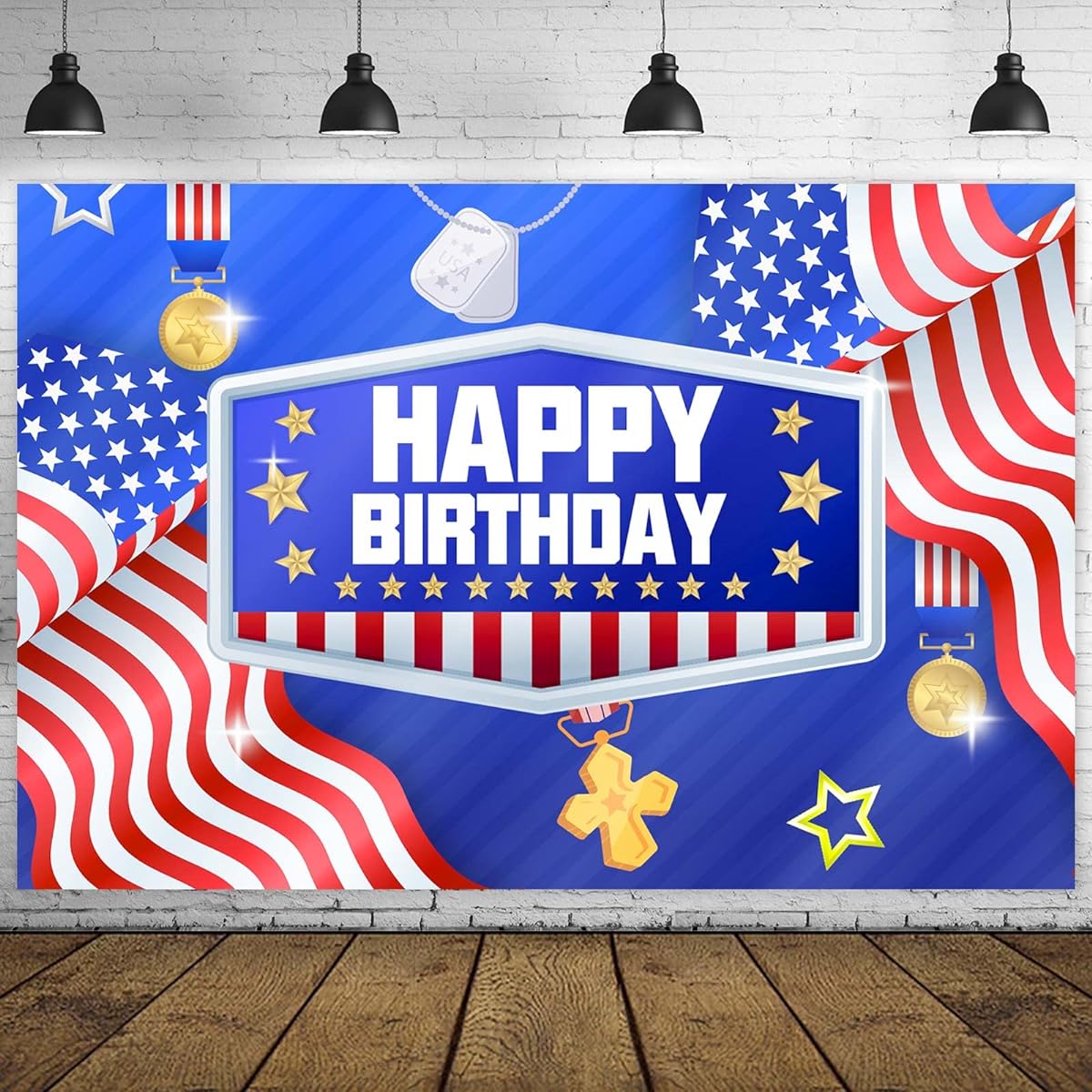 Happy Birthday American National Memorial Day Banner Background Red White Blue Stripes Stars Balloons Patriotic Theme Decor Decoration 4th of July Army Party Supplies Backdrop