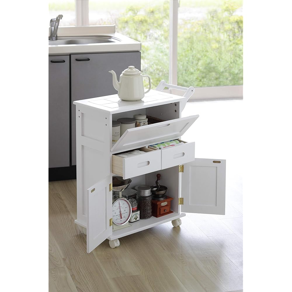 Otake Sangyo Kitchen Wagon with Casters Tile Top White 60x30x72cm Wooden Flap Type Storage Cart OSK-T017