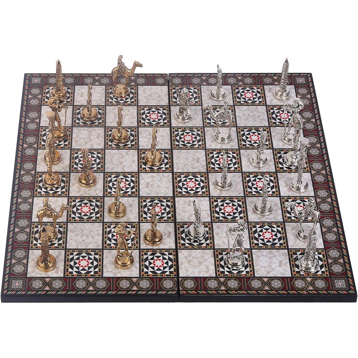 Historical Ancient Egyptian Pharaoh Figures Metal Chess Set for Adults and Kids Handcrafted Elegant Pieces Mother of Pearl Pattern Wooden Chess Board King 3.4 Inch