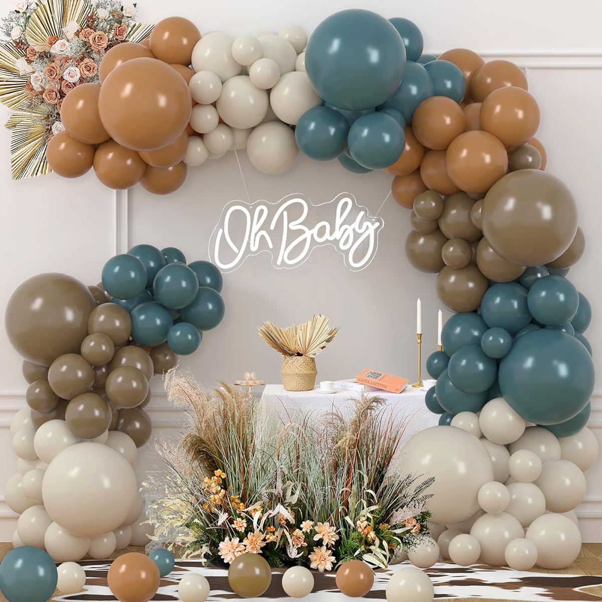 Dusty Blue Brown Balloon Garland Arch Kit, Slate Blue Tan Coffee White Sand Balloons Baby Shower Birthday Decorations Jungle Safari Party Supplies