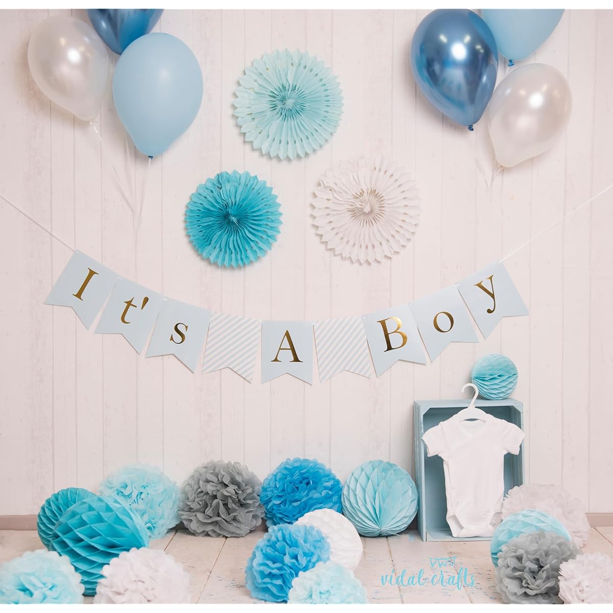 VIDAL CRAFTS Baby Shower Decorations for Boys, Boys Banner, Party Decorations Kit, Paper Fans, OH BABY Foil and Latex Balloons, Tissue Paper Pom Poms, Honeycomb Balls, Party Supplies for Boys