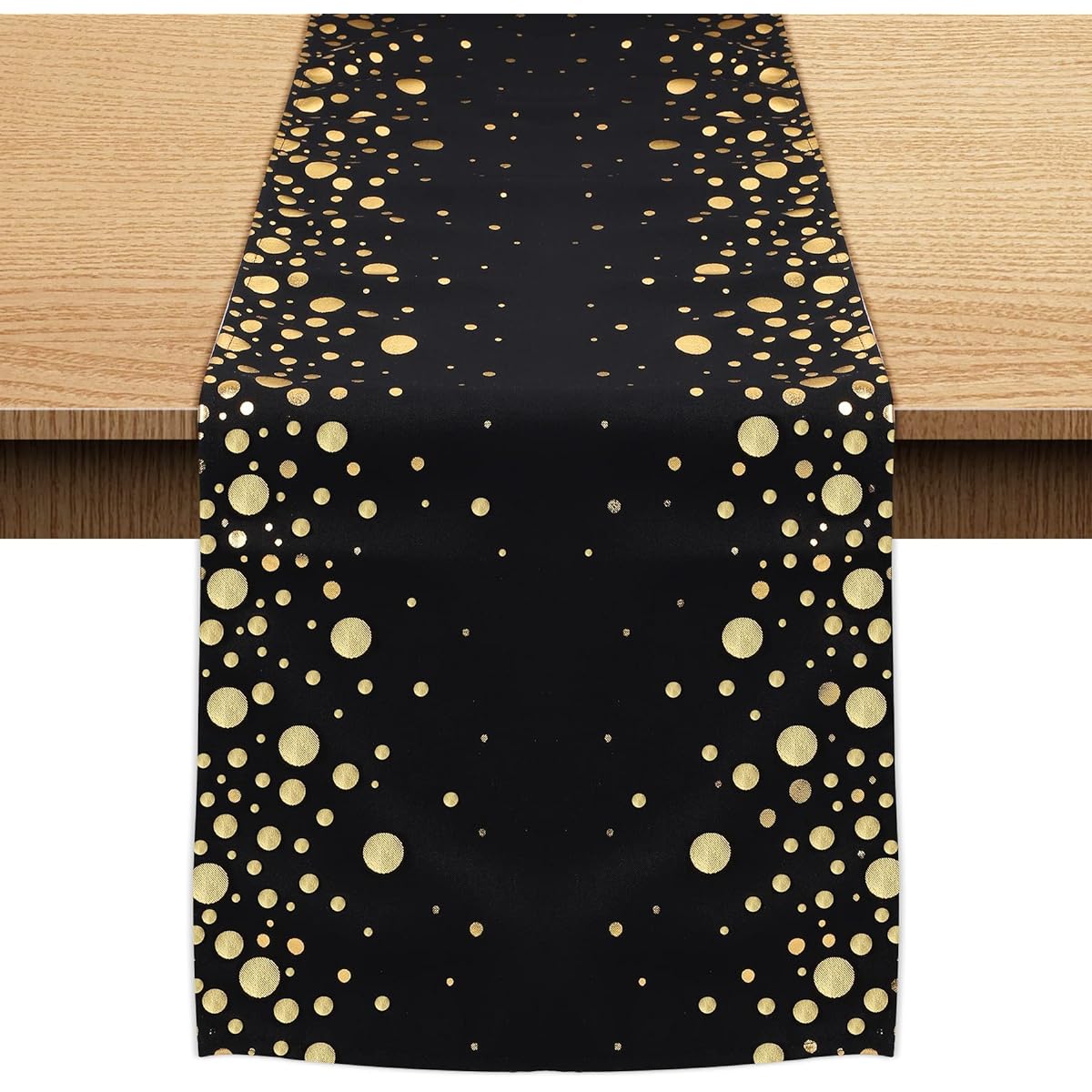 Kiorevy Table Runner Black and Gold 12 x 108 Inch Glittery Dots Table Runner Kitchen Dining Decorations for Wedding Bridal Baby Shower Birthday Party Graduation Holiday Valentine's Day Decor