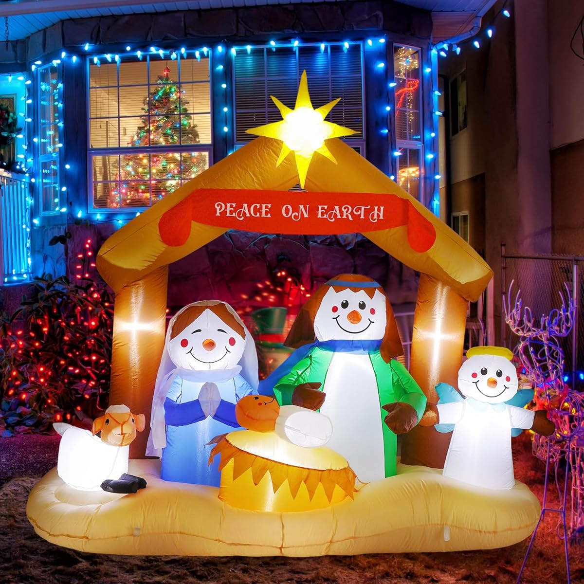 MiniInflat 5ft Christmas Inflatable Nativity Scene Outdoor Decoration Christmas Jesus Blow Up Garden Decoration with Built-in LED Christmas Inflatable Holiday Party Indoor Outdoor Garden Lawn Decoration