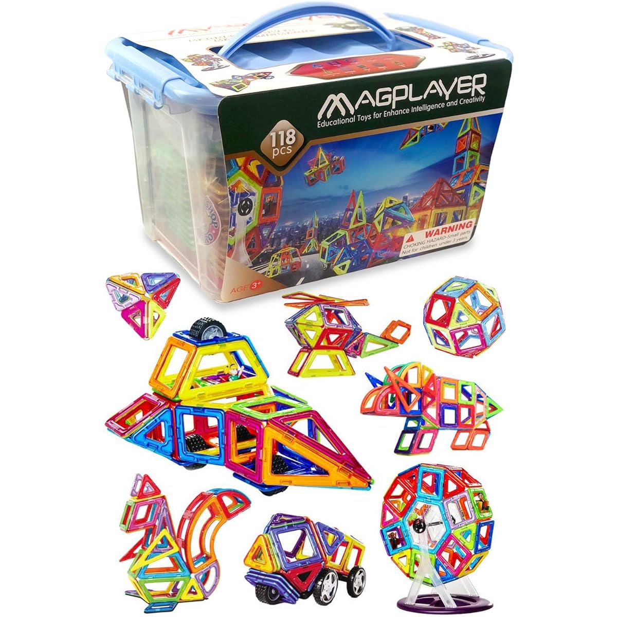 Magplayer Box Case Set Includes car, Ferris wheel, doll parts, and snap-in blocks Educational toy to develop creativity Storage case and guidebook included Blue case 120 pieces