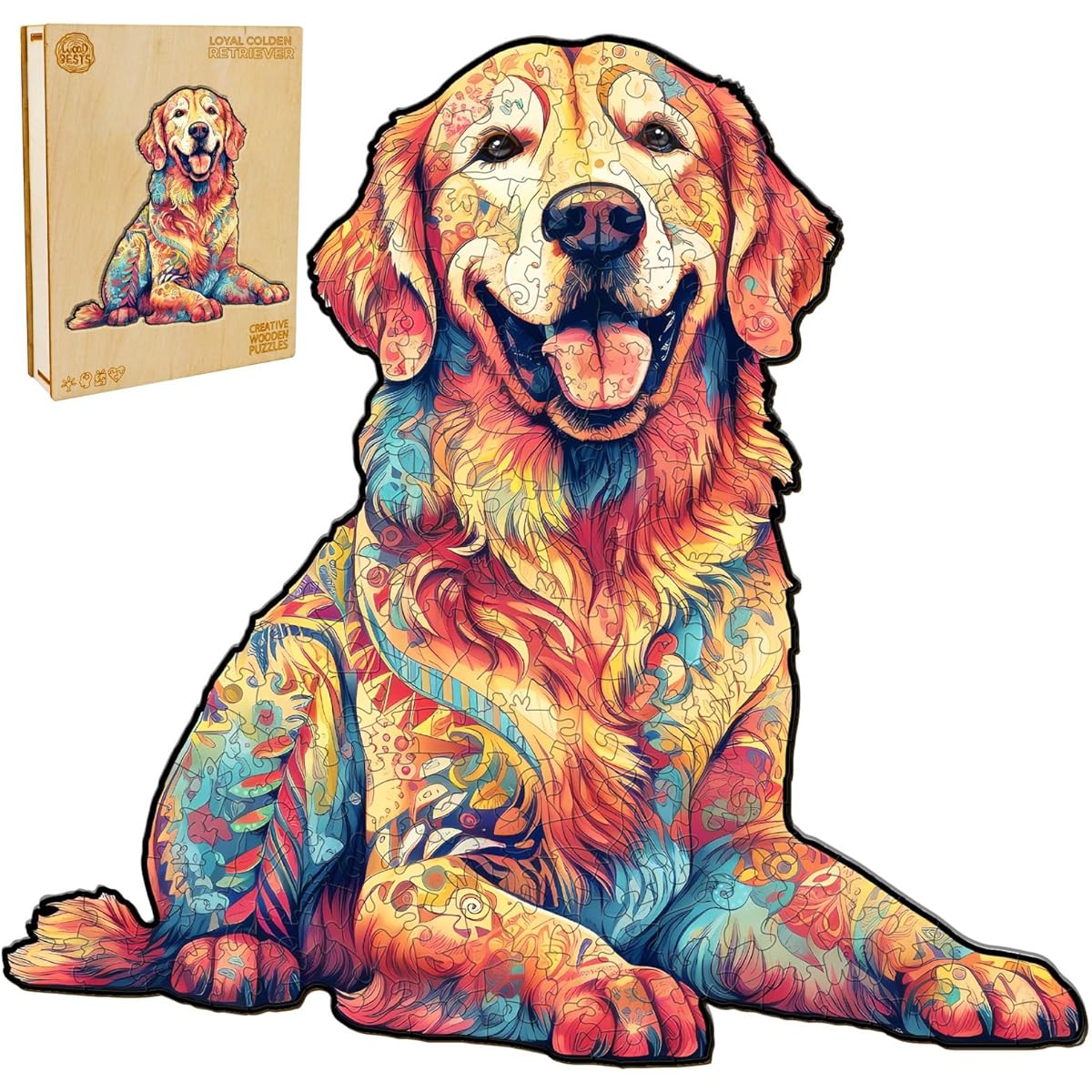 WOODBESTS Wooden Puzzle for Adults Loyal Golden Retriever Dog Puzzle (M, 200 Pieces, 12.5"x11.9") Beautiful Wooden Box Wooden Jigsaw Puzzle Unique Shape Birthday Gift for Adults and Kids Family Game