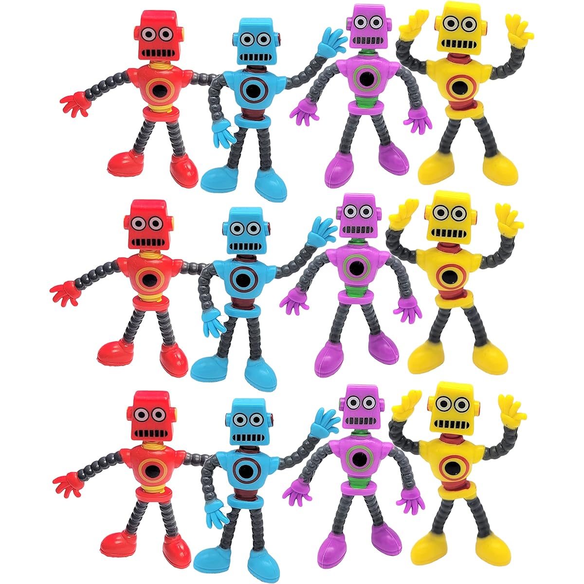 Cool Colorful Bendable Flexible Rubber Robot (4 Inch) Figures Sensory Stress Relief Fidget Toys Great Party Favors (Pack of 12)