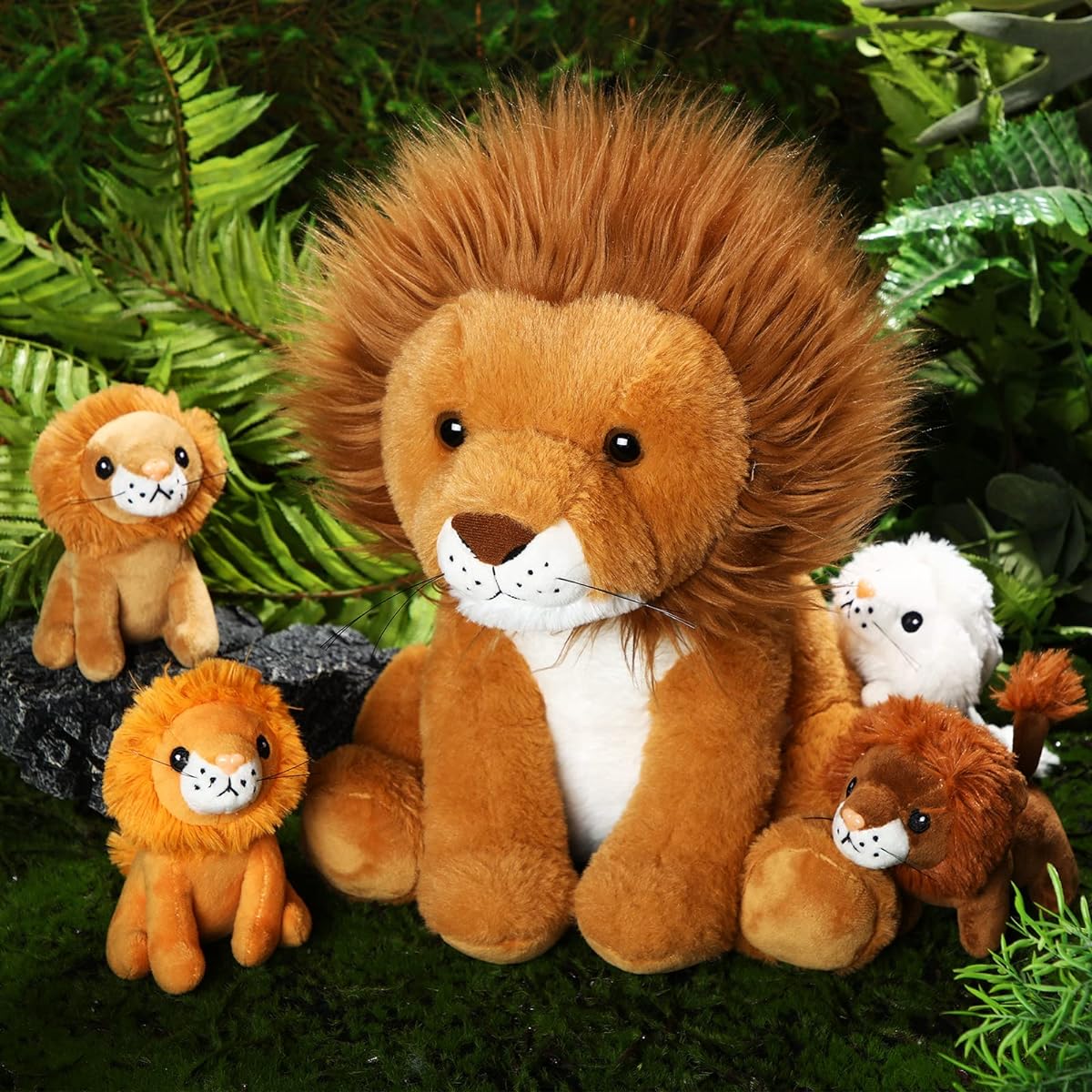 Honoson 5 Piece Lion Plush Toy Set, 14" Large Lion Stuffed Animals with 4 Cute Baby Lions Zippered on Back, Soft Cuddly Lion Plush Toy for Boys Girls Birthday Favors Woodland Party Decorations (Mane Lion)
