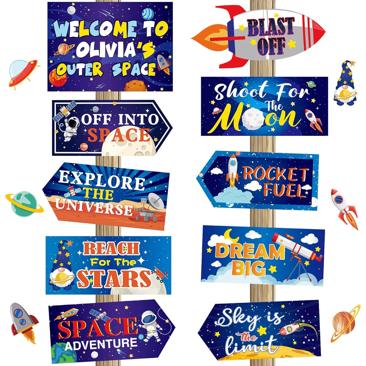 20pcs Space Party Signs Outer Space Birthday Party Decorations Solar System Decorations Rocket Astronaut Spaceship Planets Outdoor Lawn Signs for Space Themed Party