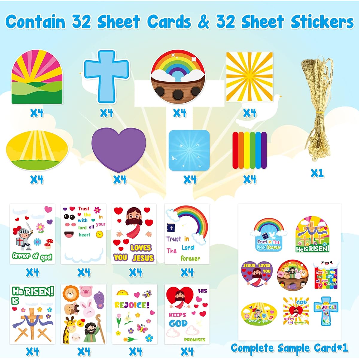 Haooryx 66 Piece Christian Sunday School Craft Kit He is Risen Hanging Ornaments and Stickers Set Armor of God Cross DIY Paper Ornament VBS Religious Sunday School Activities for Kids
