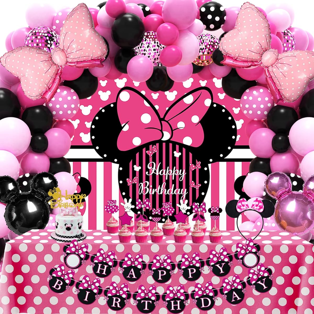 Pink Mouse Birthday Decorations Party Supplies for 1st 2nd 3rd Year Old Girls Baby Shower Pack (109 Pieces Backdrop, Tablecloth, Banner, Headband, Foil Balloons, Balloon Garland Arch Kit)