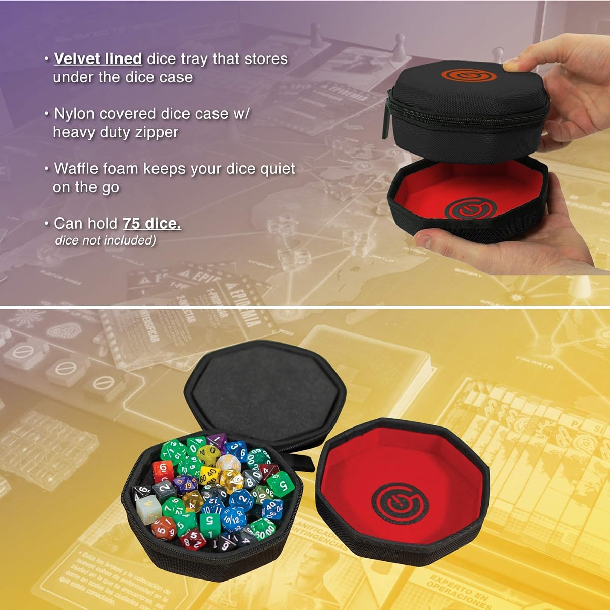 GeekOn Protective Dice Case with Foam Pad and Nesting Felt Dice Trays for Board Games and RPGs - Holds up to 75 Dice! (Black)