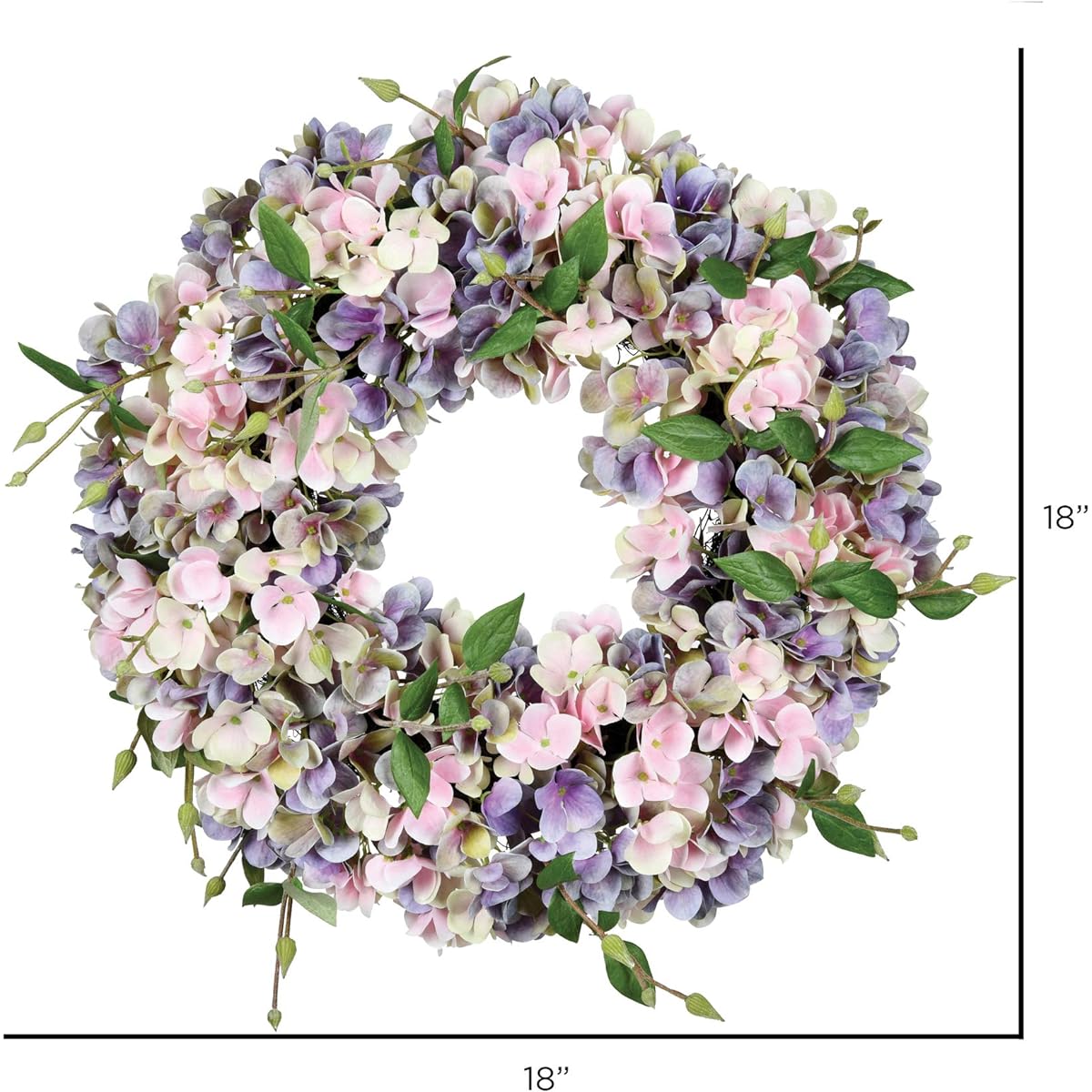 Vickerman 18" Everyday Artificial Blue and Pink Hydrangea Wreath - Faux Indoor Floral Greenery Arrangement - Home and Office Decor - Maintenance Free