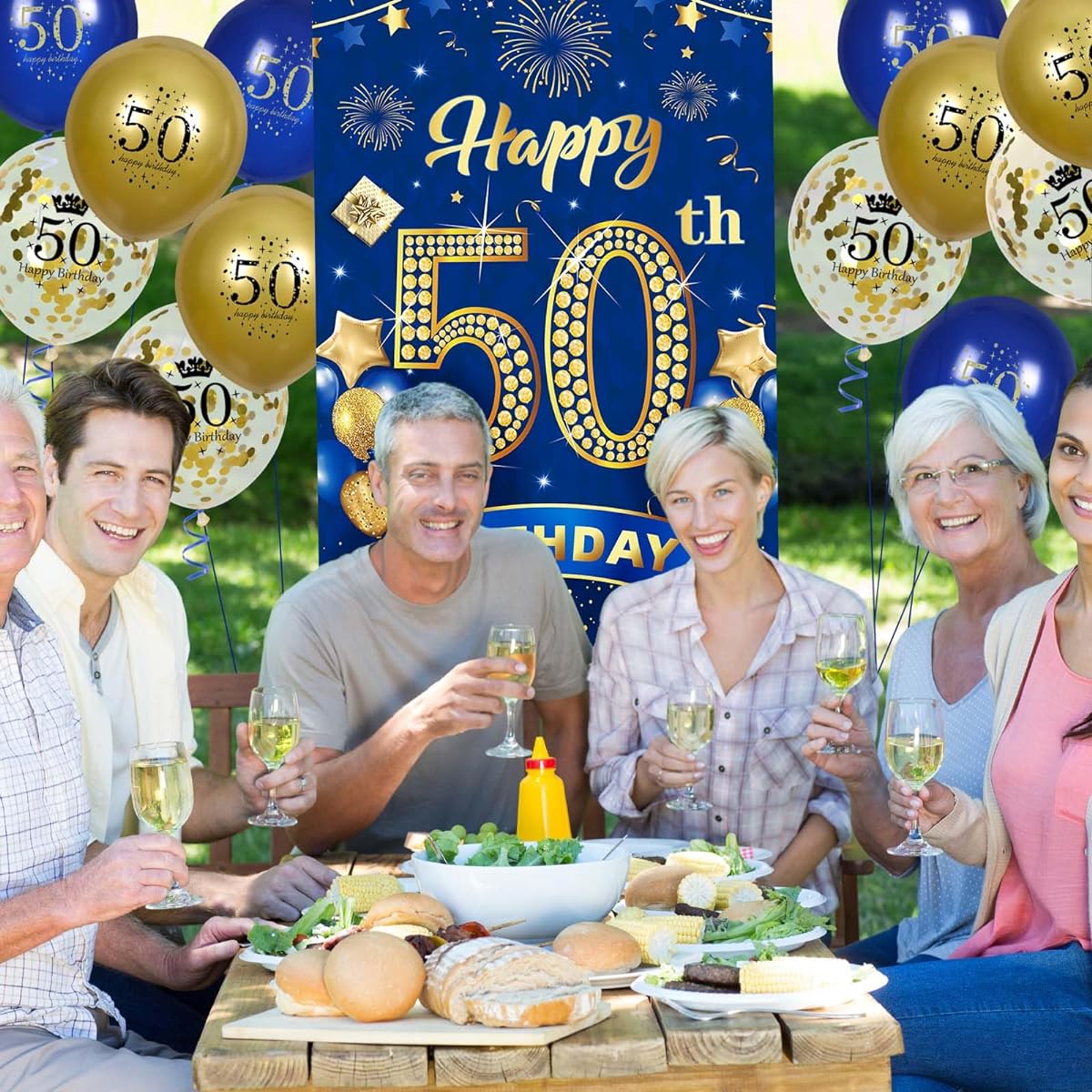 50th Birthday Party Decorations for Men, Navy Blue Gold Happy 50th Birthday Banner, 18pcs 50th Balloons, 50th Door Cover Backdrop, Unisex Birthday Anniversary Party Sign Pouch Decor Supplies