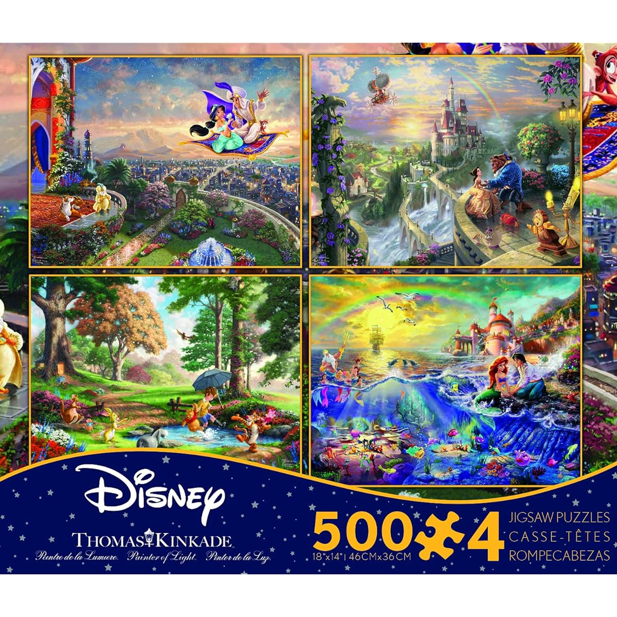 Thomas Kinkade's Disney Dream 4-Pattern Jigsaw Puzzle: The Little Mermaid, Beauty and the Beast, Aladdin, and Winnie the Pooh