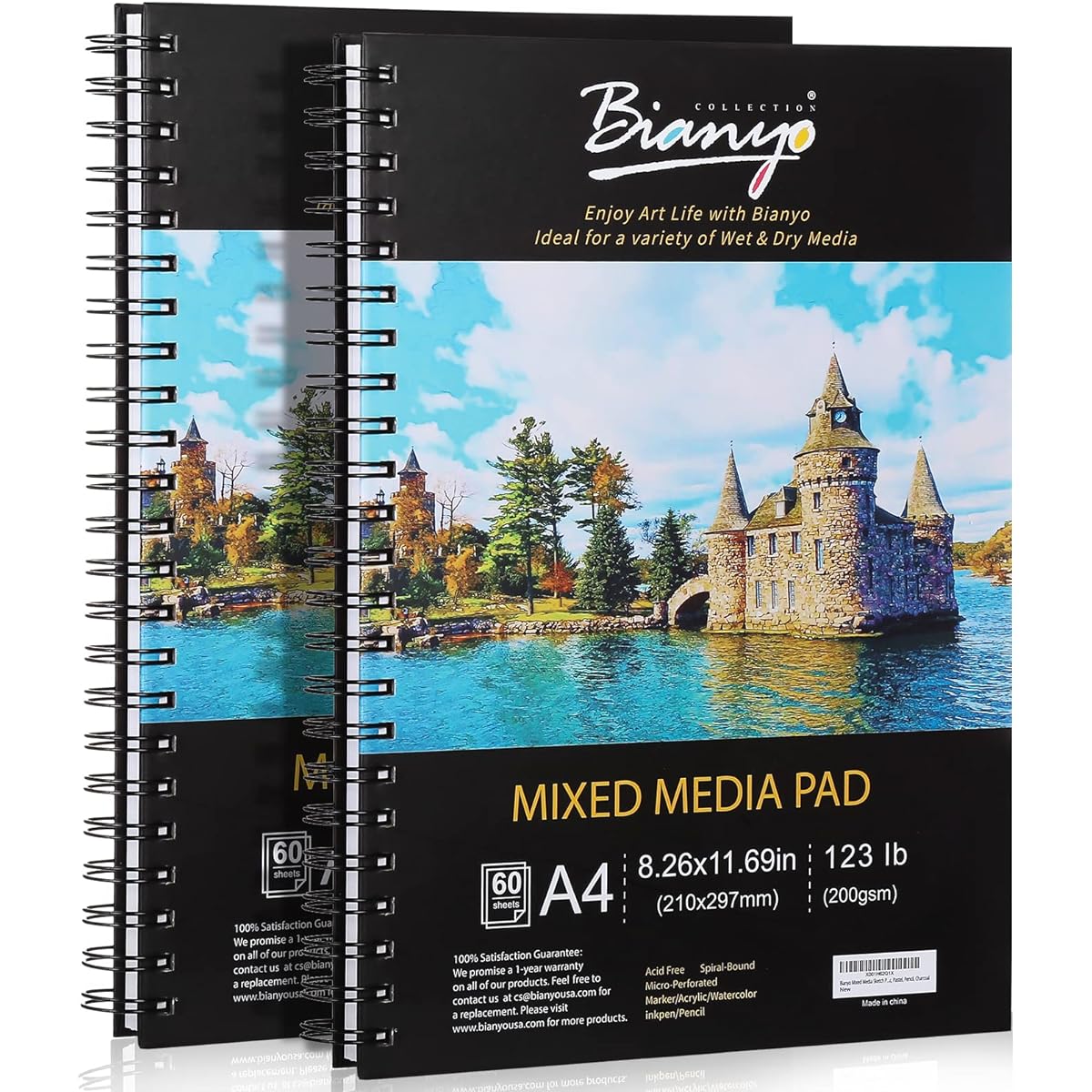Bianyo Mixed Media Paper Pad A4 (8.25" x 11.7") 60 Sheets/Each 125lb/200GSM 2 Pad Pack Spiral Bound Pads Perfect for Wet & Dry Media Like Art Markers, Watercolor, Acrylic, Pastel, Pencil