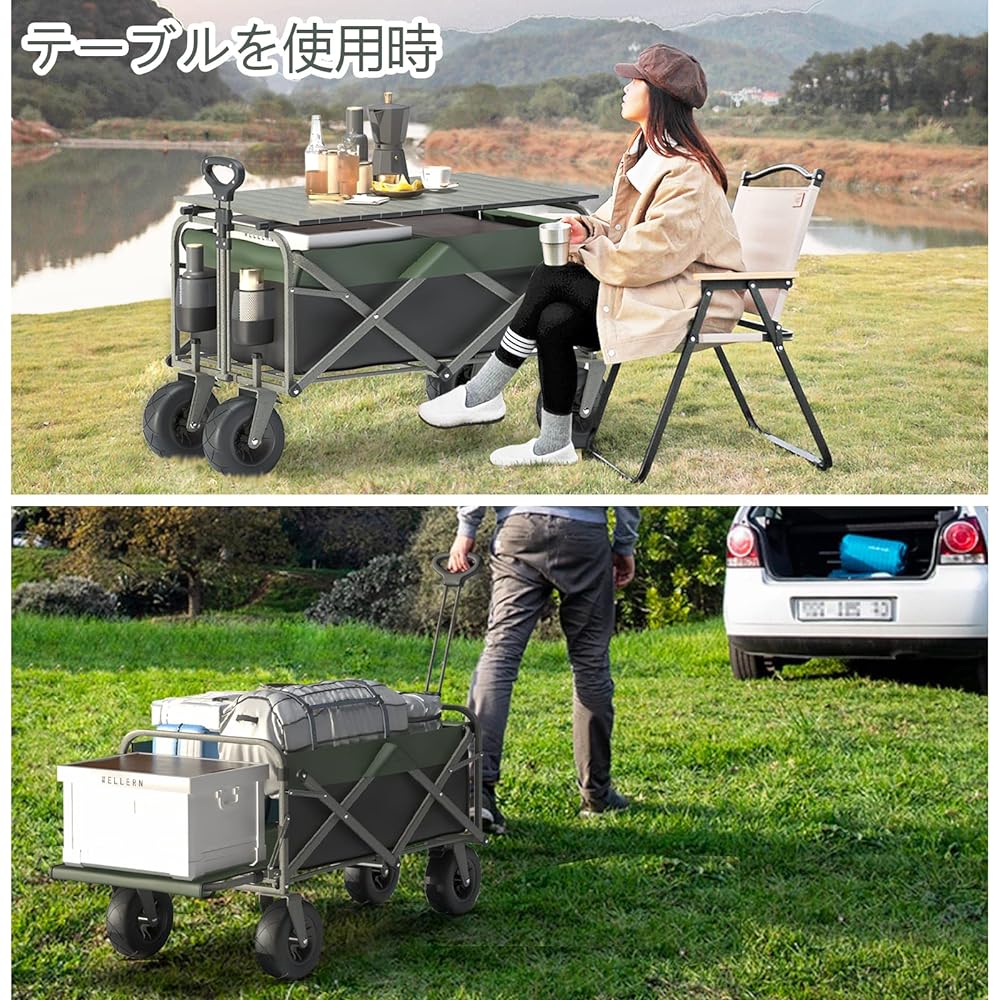 NEKOU Outdoor Wagon Carry Wagon with Table Carry Cart for Long Items 120L Load Capacity 120kg Large Capacity Dolly Folding Large Tire Outdoor Carry Lightweight Compact Storage Camping Equipment Black Green