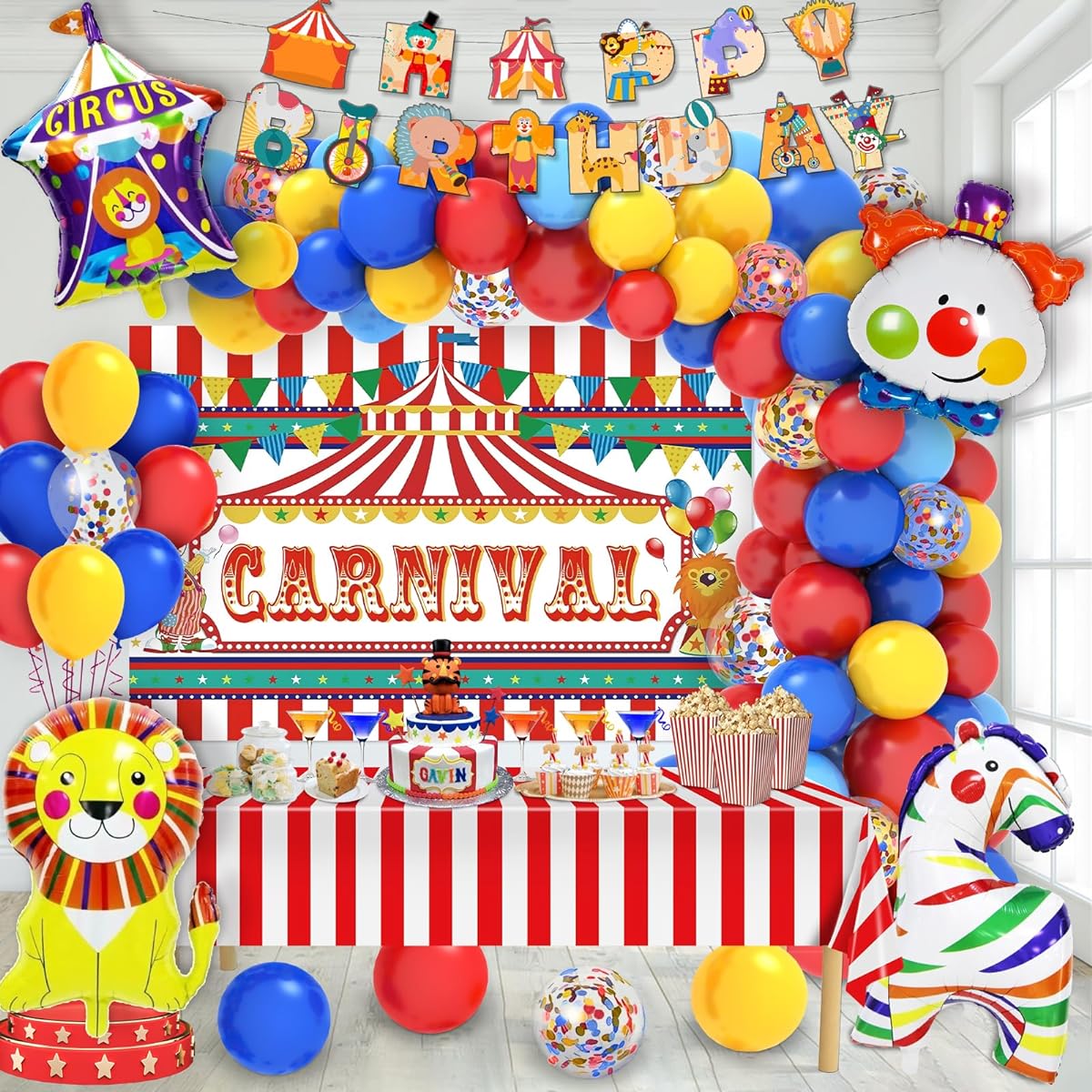 Circus Carnival Theme Party Decorations Carnival Confetti Balloon Arch Kit Carnival Backdrop Tablecloth Happy Birthday Banner Circus Tent Lion Clown Zebra Foil Balloons Birthday Carnival Decorations 58pcs